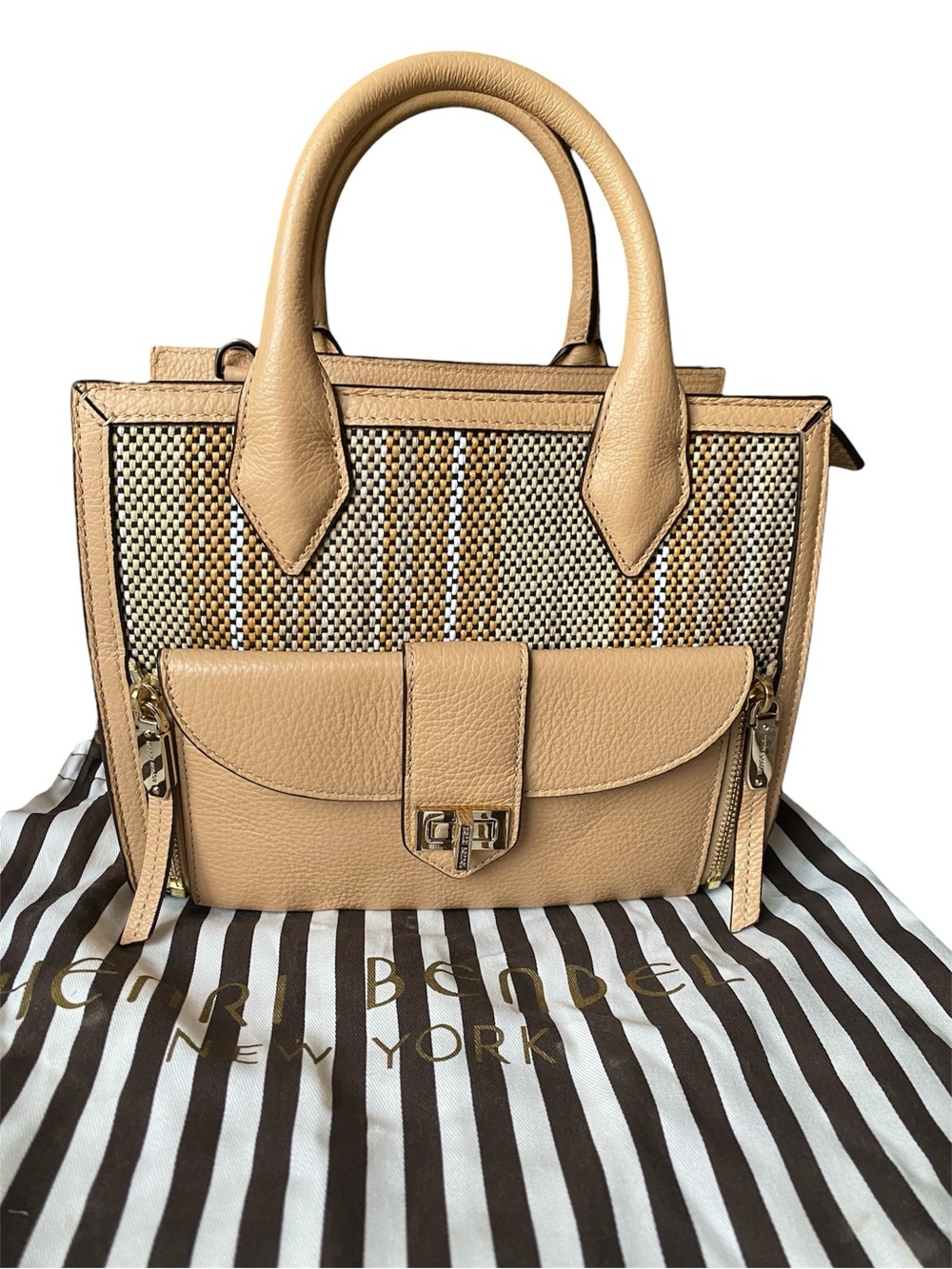 Henri Bendel Rivington Leather Tote with front pouch clutch crossbody woven NWOT